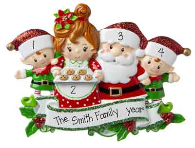 Mr. & Mrs. Claus family of 4 - personalized ornaments