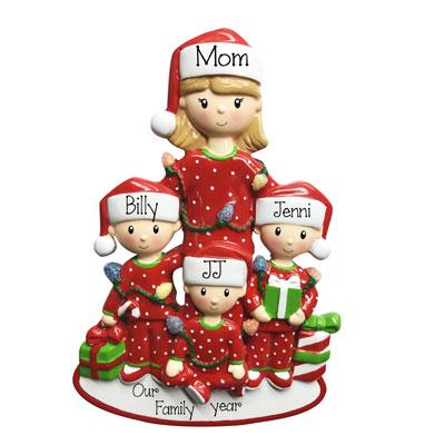 Christmas Morning Single Mom with 3 Kids-Personalized Ornaments