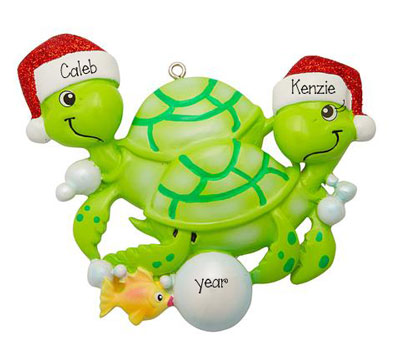 Turtle Couple with Red Glitter Santa Hats~Personalized Ornament