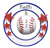 Baseball hanging in a circle with red glitter starspersonalized ornament