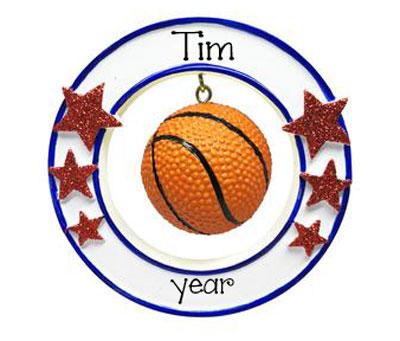 Basketball Hanging in a Circle with Red Glitter Stars-personalized ornament