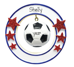 soccer hanging in a circle with red glitter starspersonalized ornament
