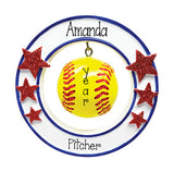 Softball 3-dimensional hanging in a circle with red glitter starspersonalized ornament