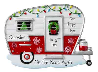 Red and White Camper Decorated in Christmas lights-Personalized Ornament