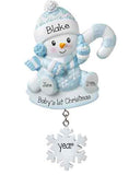 Blue Snowbaby with Blue Glittered Candy Cane-Personalized Ornament