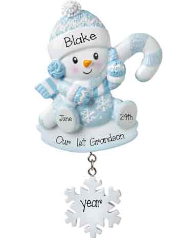 Grandson Blue Snowbaby with Candy Cane-Personalized Ornament