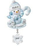Blue Snowbaby with Blue Glittered Candy Cane-Personalized Ornament
