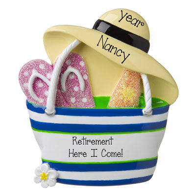 Retirement- Beach Bag with Flip Flops and Hat-Personalized Ornament