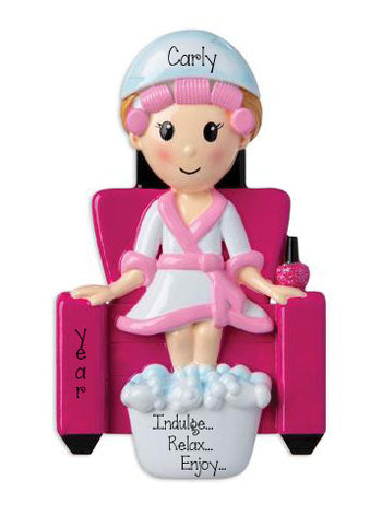 Female at the Spa sitting in a pink chair with feet in tub - Personalized Christmas Ornament