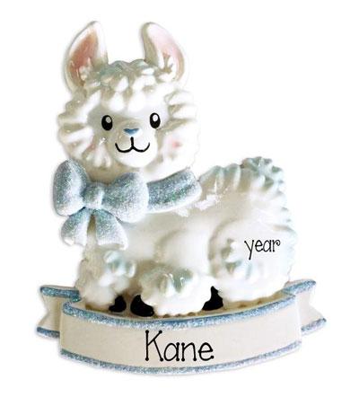 Baby Boy Llama with Blue Glitter Bow-Personalized Ornament
