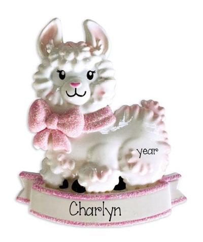 Baby Girl Llama with Pink Glitter Bow-Personalized Ornament