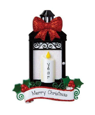 Black Lantern with a Red Glitter Bow and Candle ~ Personalized Ornament