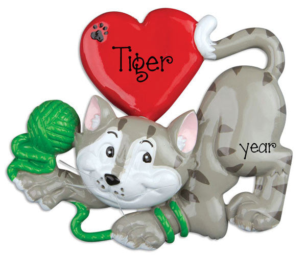 Gray CAT Tangled in Yarn - Personalized Christmas Ornament
