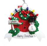 FRONT RED DOOR WITH CHRISTMAS WREATH AND A SNOWMAN, my personalized ornaments