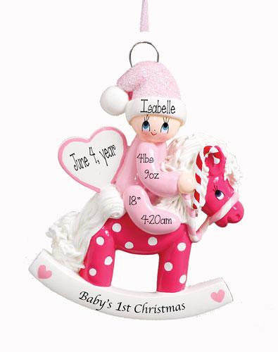 Baby Girl on a Rocking Horse 1st Christmas Ornament