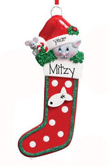 GRAY CAT in stocking ORNAMENT/ MY PERSONALIZED ORNAMENTS