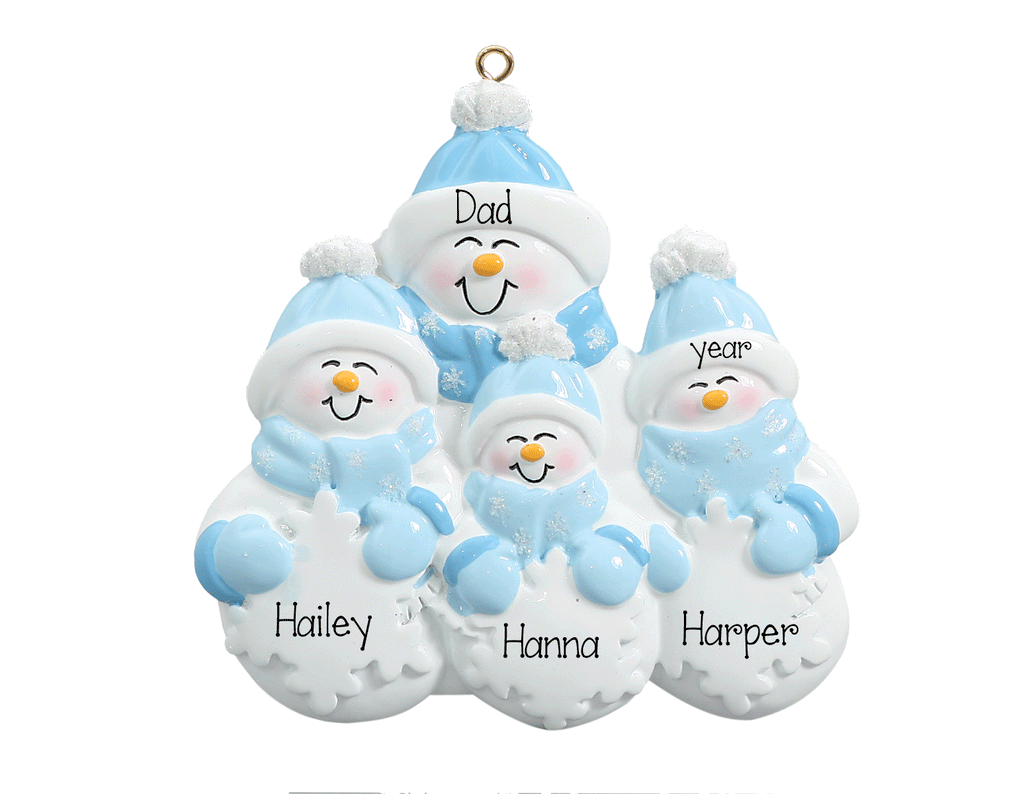 Snowman Single Parent with 3 Children~Personalized Ornament