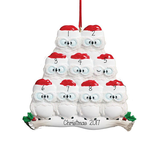 Family of 9 White Owl~Personalized Christmas Ornament