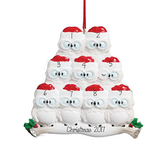 Family of 9 White Owl~Personalized Christmas Ornament