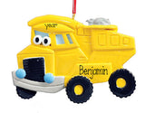 YELLOW DUMP TRUCK WITH EYES ORNAMENT / MY PERSONALIZED ORNAMENTS