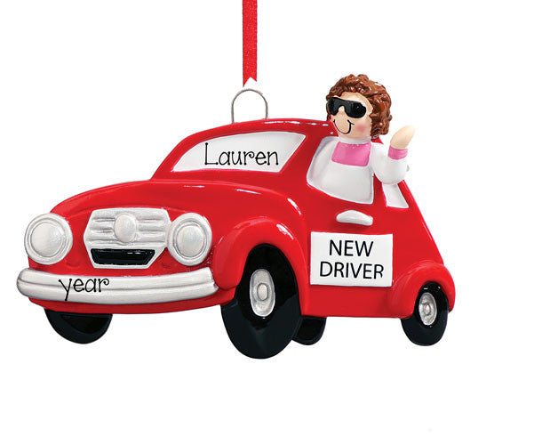 FEMALE NEW DRIVER in RED CAR - ORNAMENT