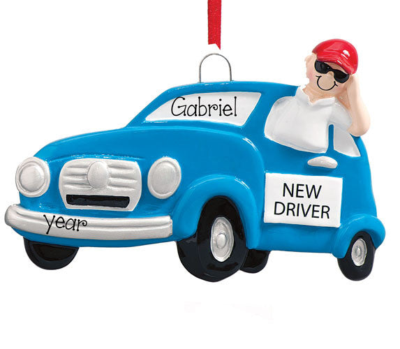 MALE NEW DRIVER in BLUE CAR - ORNAMENT