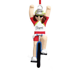 BRUNETTE FEMALE RIDING A BIKE ORNAMENT / MY PERSONALIZED ORNAMENTS