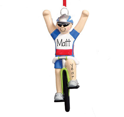 BRUNETTE MALE CYCLIST, BIKE RIDING ORNAMENT / MY PERSONALIZED ORNAMENTS