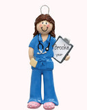 FEMALE BRUNETTE IN BLUE SCRUBS ORNAMENT / MY PERSONALIZED ORNAMENTS