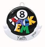 POOL 8 BALL WITH RACK EM WRITTEN ON THE ORNAMENT, MY PERSONALIZED ORNAMENT