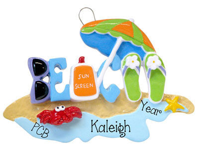 Beach w/ Umbrella~ Personalized Christmas Ornament