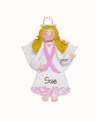Breast cancer personalized pink angel ornament