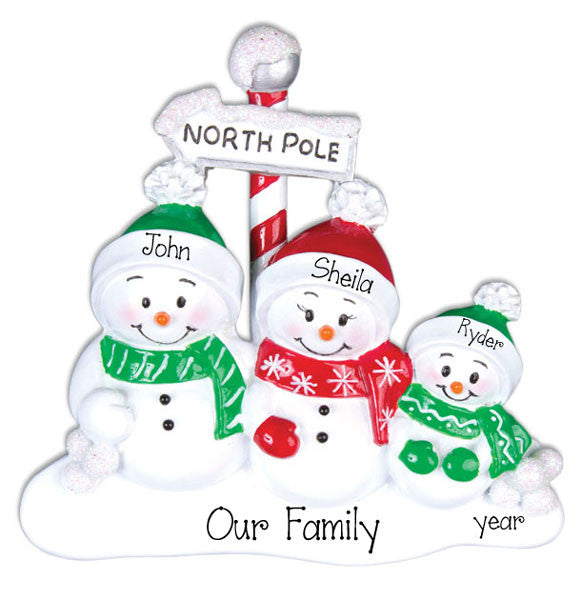 Family of  3 SNOWMEN~Personalized Christmas Ornament