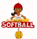 Ethnic/African American Female softball Player in Red- Personalized Ornament