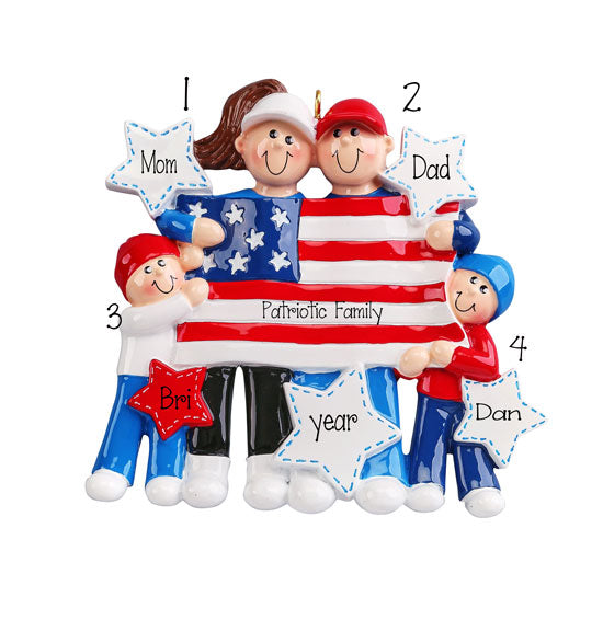 American Flag Patriotic Family of 4~Personalized Christmas Ornament