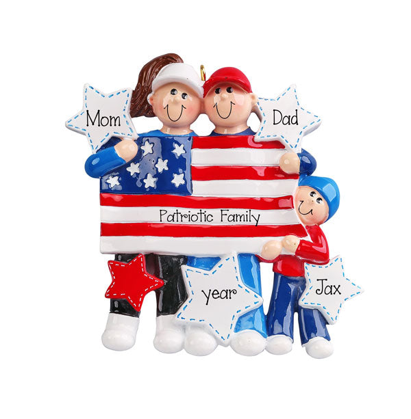 Patriotic Family of 3~Personalized Christmas Ornament