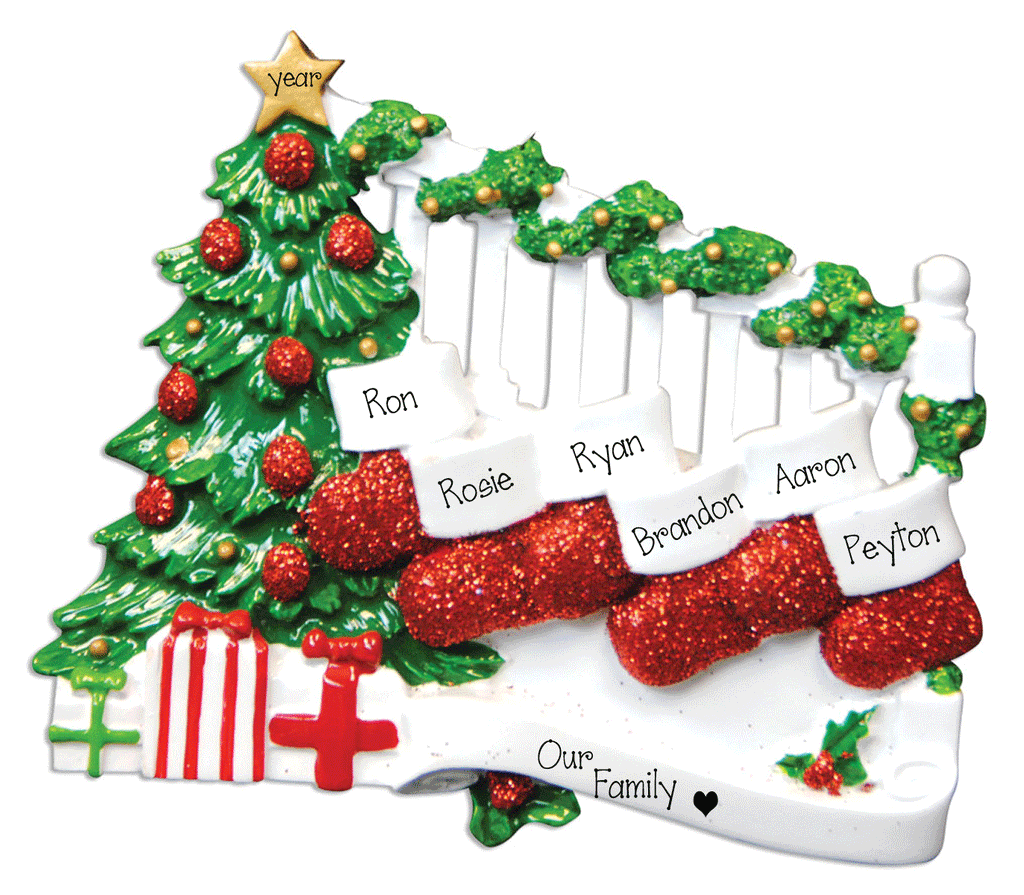 Family of  6 - Stockings on Bannister~Personalized Ornament