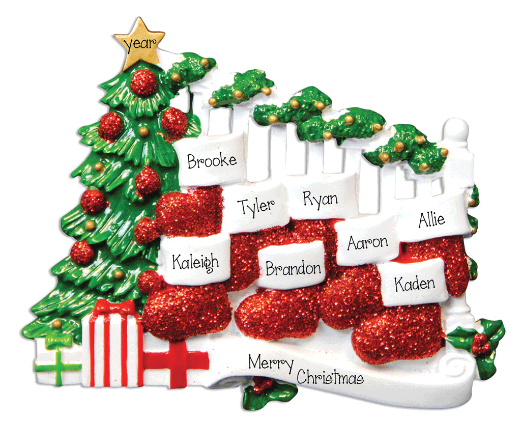 Family of  8~Stockings on Bannister~Personalized Ornament