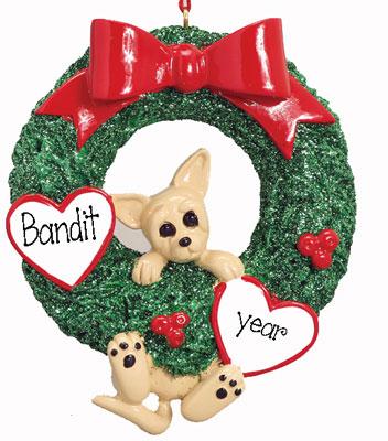 CHIHUAHUA in Green Wreath -Personalized Christmas Ornament