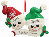 SNOWMAN COUPLE WITH RED AND GREEN SOCK HATS, MY PERSONALIZED ORNAMENTS