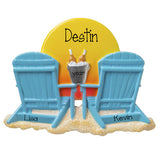 Watching the sunset on the Beach with 2 blue chairs and drinks-Personalized Ornament