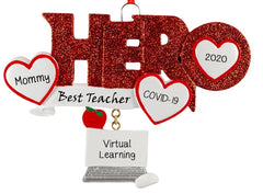 Hero in Red Glitter for Teacher~Covid-19~Personalized Christmas Ornament