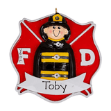 Fire fighter on a red badge ~ Personalized Christmas Ornament