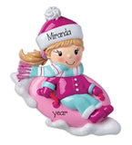 Girl Snow Tubing on a Pink Tube~Personalized Christmas Ornament