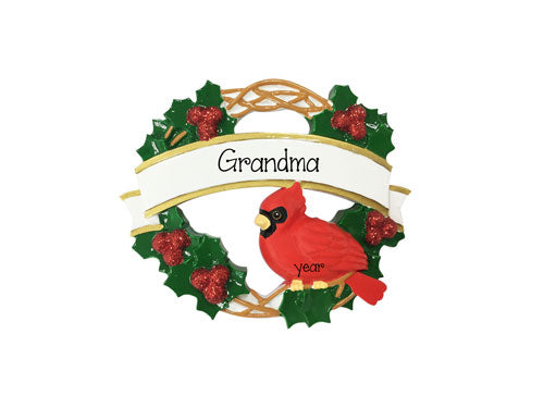 Cardinal bird on a Wreath for Grandma~Personalized Christmas Ornament