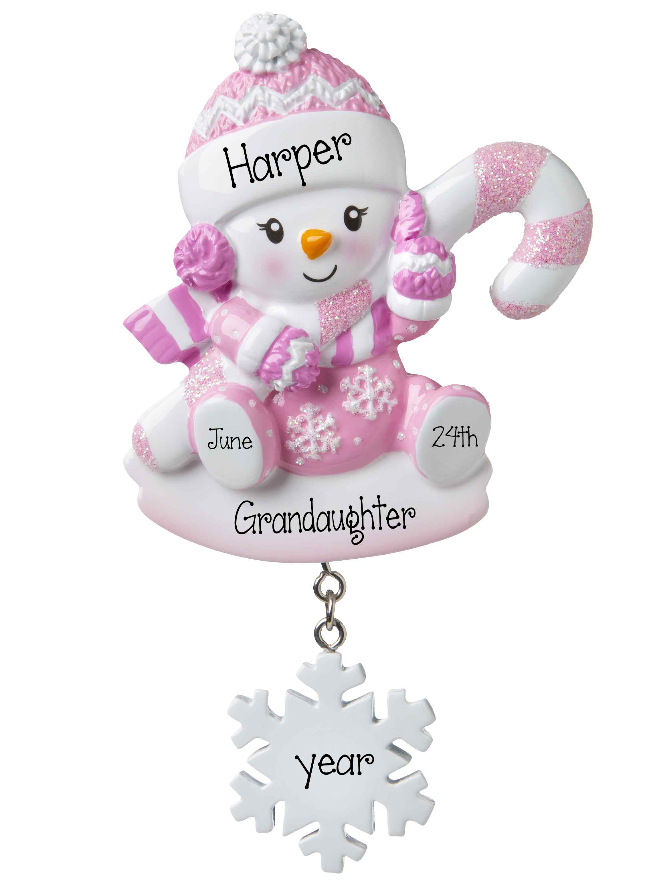 Pink Snowbaby with Pink Glittered Candy Cane-Personalized Ornament