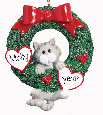 GREY TABBY IN GREEN WREATH ORNAMENT / MY PERSONALIZED ORNAMENTS