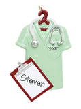 GREEN SCRUBS WITH CLIPBOARD AND STETHOSCOPE PERSONALIZED ORNAMENT 