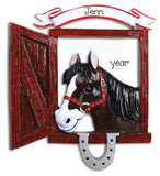 BLACK AND WHITE HORSE IN STALL PERSONALIZED ORNAMENT