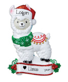 Llama with Red Glitter Santa Hat~Personalized Ornament